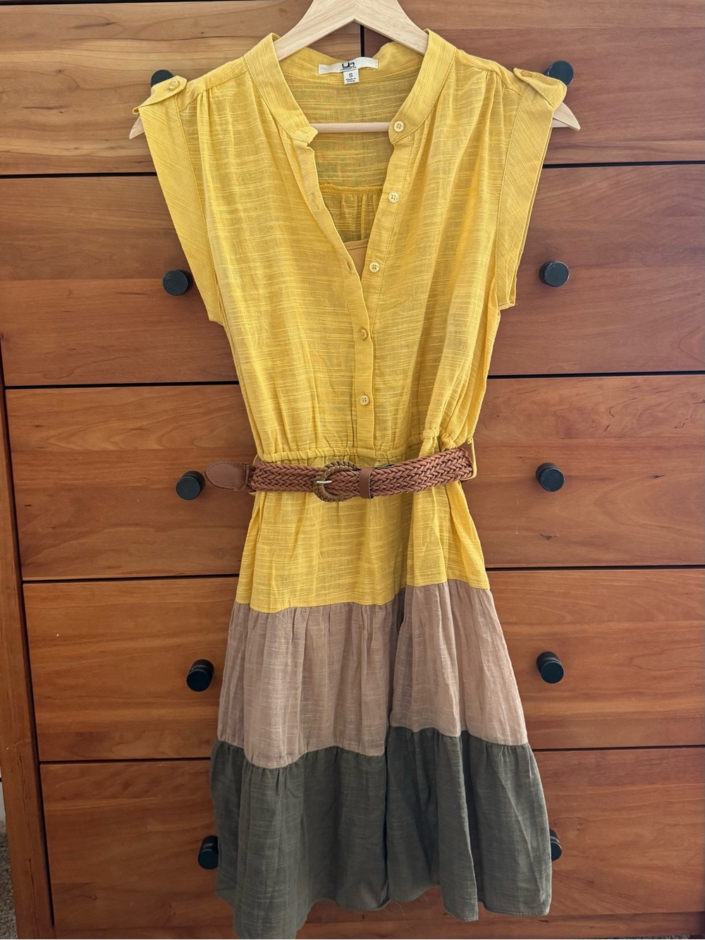 Ya Los Angeles Lightweight Yellow Tiered Midi Dress with Belt